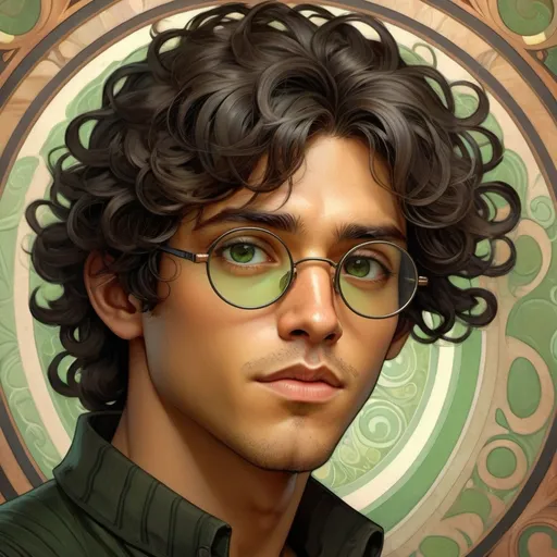 Prompt: (ultra-detailed character art), young adult male character, (tan skin), striking big green eyes, (curly black hair), neutral pose with black circular glasses, background in soft, plain texture, warm colors, (high quality), HD resolution, hyper-realistic details, subtle shading to enhance features and depth, captivating presence and intrigue in the portrayal.