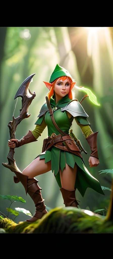 Prompt: Elf ranger in a mystical forest around sunlight