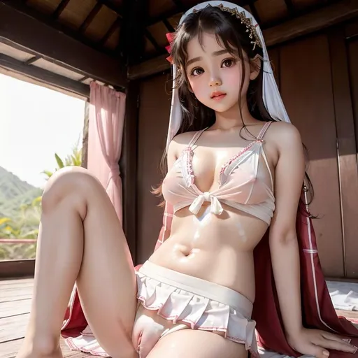 Prompt: big brown eyes, pale-white skin, soft pink lips, cute milky white skinny Nepali Loli Child-actresses undressing, 15-years-old, exposed gigantic chest hanging out of red blouse, uncovered body on with mini blue short skirt, oil dripping between her legs