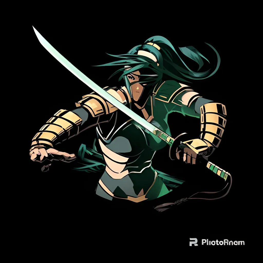 a woman in a green outfit holding a golden katana he...