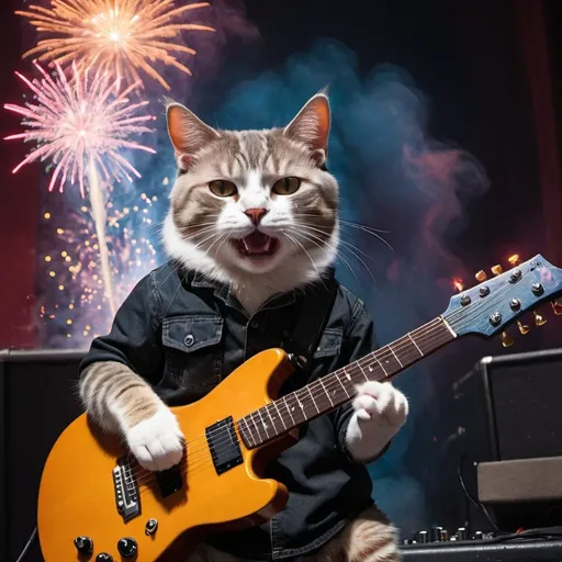 Prompt: A cat preforming at rock concert with a guitar with a bunch of fire works/cool effects behind him