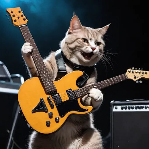 Prompt: A cat preforming at rock concert with a guitar