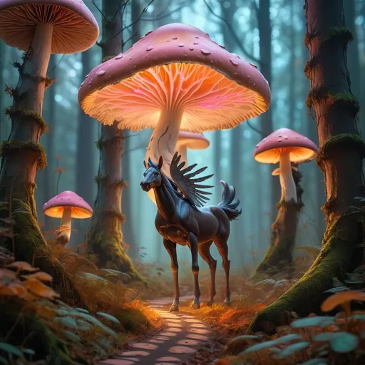 Prompt: Vibrant colors and intricate details of mystical forest. A winding path lined with glowing mushrooms, surrounded by towering trees with branches that seem to stretch towards the sky, add some subtle mist effects to give the impression of a dreamlike quality, a stunning sunset, warm hues of orange and pink cast across the landscape, illuminating the glowing mushrooms and highlighting the intricate textures of the trees. Some wispy clouds drifting lazily across the sky, adding to the ethereal atmosphere. A black pegasus with spread wings in the park of mushroom 
