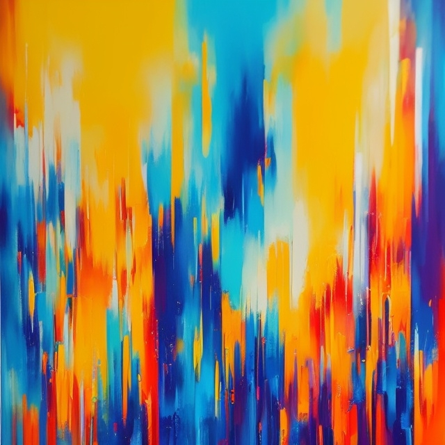 Prompt: A color freestyle painting on canvas with a bold base tone like bright blue 💙🔵 or deep red and then add layers of contrasting colors to creat a sense of depth and dimensionality  add pops of orange, yellow 🟡💛 and 🩷 to creat sense of movement and energy  introduce some softer, pastel shades to calm things down and create visual harmony 