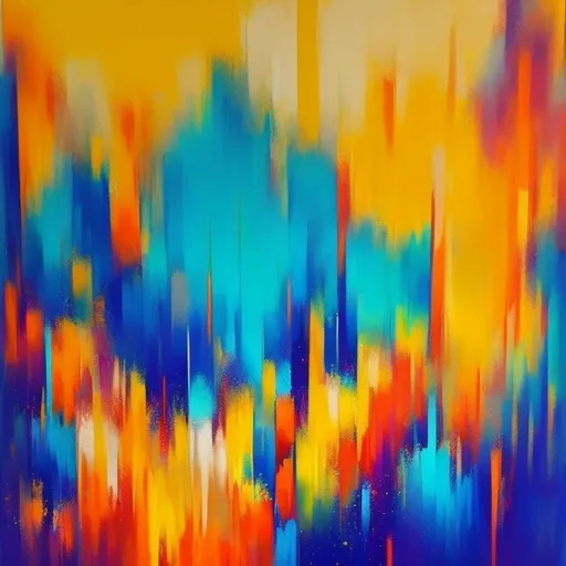 Prompt: A color freestyle painting on canvas with a bold base tone like bright blue 💙🔵 or deep red and then add layers of contrasting colors to creat a sense of depth and dimensionality  add pops of orange, yellow 🟡💛 and 🩷 to creat sense of movement and energy  introduce some softer, pastel shades to calm things down and create visual harmony 