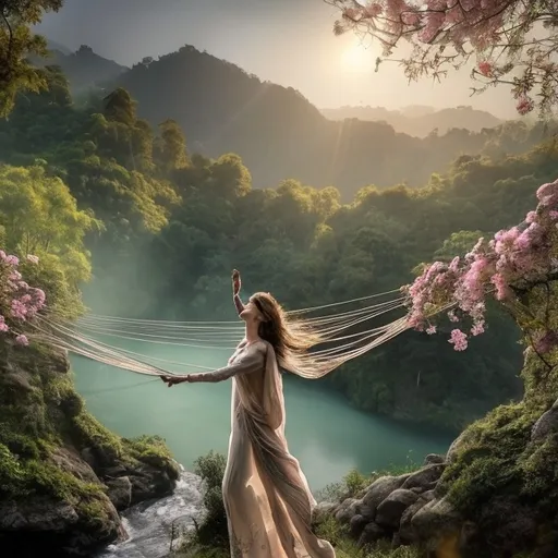 Prompt: In this tranquil moment, a couple finds solace on an ancient rope bridge, suspended above a
Picturesque valley teeming with life. casting a warm glow across the landscape, they stand together, lost in the serenity of the surrounding , couple holding hands, fingers intertwined as they gaze out at the breathtaking view. The sound of the waterfall creates a soothing melody, and the scent of blooming flowers wafts up to them, filling the air with sweetness. As they stand there talking in the majesty of the valley, they seem to be floating effortlessly, weightless as if the rope bridge itself is supporting them. The air is filled with the sweet scent of blooming wildflowers, and the gentle breeze carries the whispers of secrets only known to this  enchanted place. Some delicate, swirling clouds drifting lazily across the sky, a faint mist rising from the valley floor , giving everything a mystical, ethereal quality. Few butterflies fluttering around, their vibrant colors adding life to the scene,soft golden light that filters through the trees,creating playful patterns on the bridge giving a dreamy atmosphere. Slightly androgynous figure with flowing hair and loose clothing to capture the free-spirited vibe. Suggest watercolor and digital painting to achieve dreamy ethereal atmosphere. Male figure with features softened by the warm light,eyes shining with a quiet contentment as you gaze out at the stunning. Clothes flow behind you like a river of color . For the lady a delicate adorning the model's hand, wrist, or neck capturing the essence of beauty and elegance. Maybe the style could blend elements of Baroque and Art Nouveau, with subtle floral motifs and ornate details 