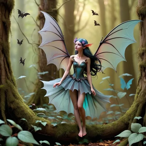 Prompt: Add both faeries and bats could add a fascinating dimension to our mystical forest. For faeries. Their delicate, ethereal presence would complement the whimsical atmosphere of the forest, and their ability to weave magic could bring a new layer of wonder to the scene. A faeries mischievous nature might lead to some delightful