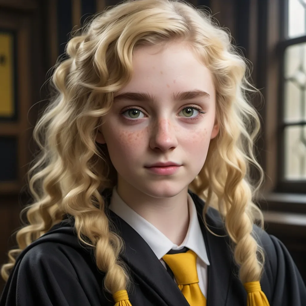 Prompt: bushy blonde curls, pale skin dotted with light freckles and hazel eyes wearing a hufflepuff tie with her black robes. she is 25 years old.