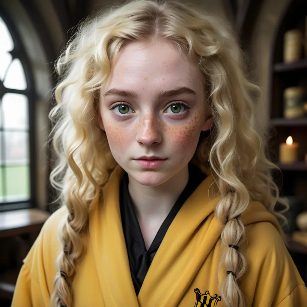 Prompt: Pale skinned witch with bushy blond curls, hazel green eyes and heavy freckles all over her face. She is wearing Hufflepuff house robes from Hogwarts