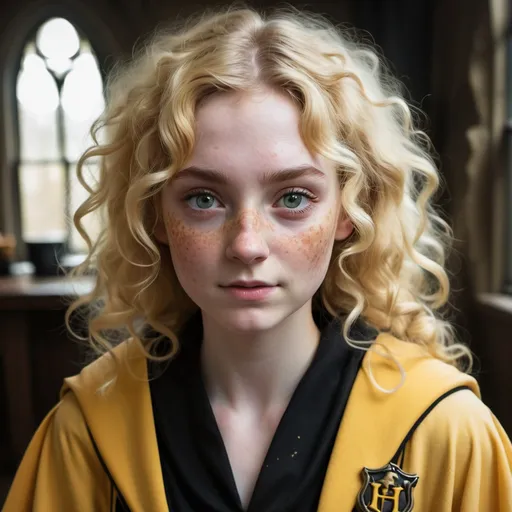 Prompt: Pale skinned witch with bushy blond curls, hazel green eyes and heavy freckles all over her face. She is wearing Hufflepuff house robes from Hogwarts