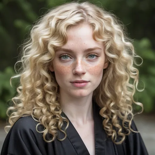 Prompt: bushy blonde curls, pale skin dotted with light freckles and hazel eyes wearing black robes. she is 40 years old