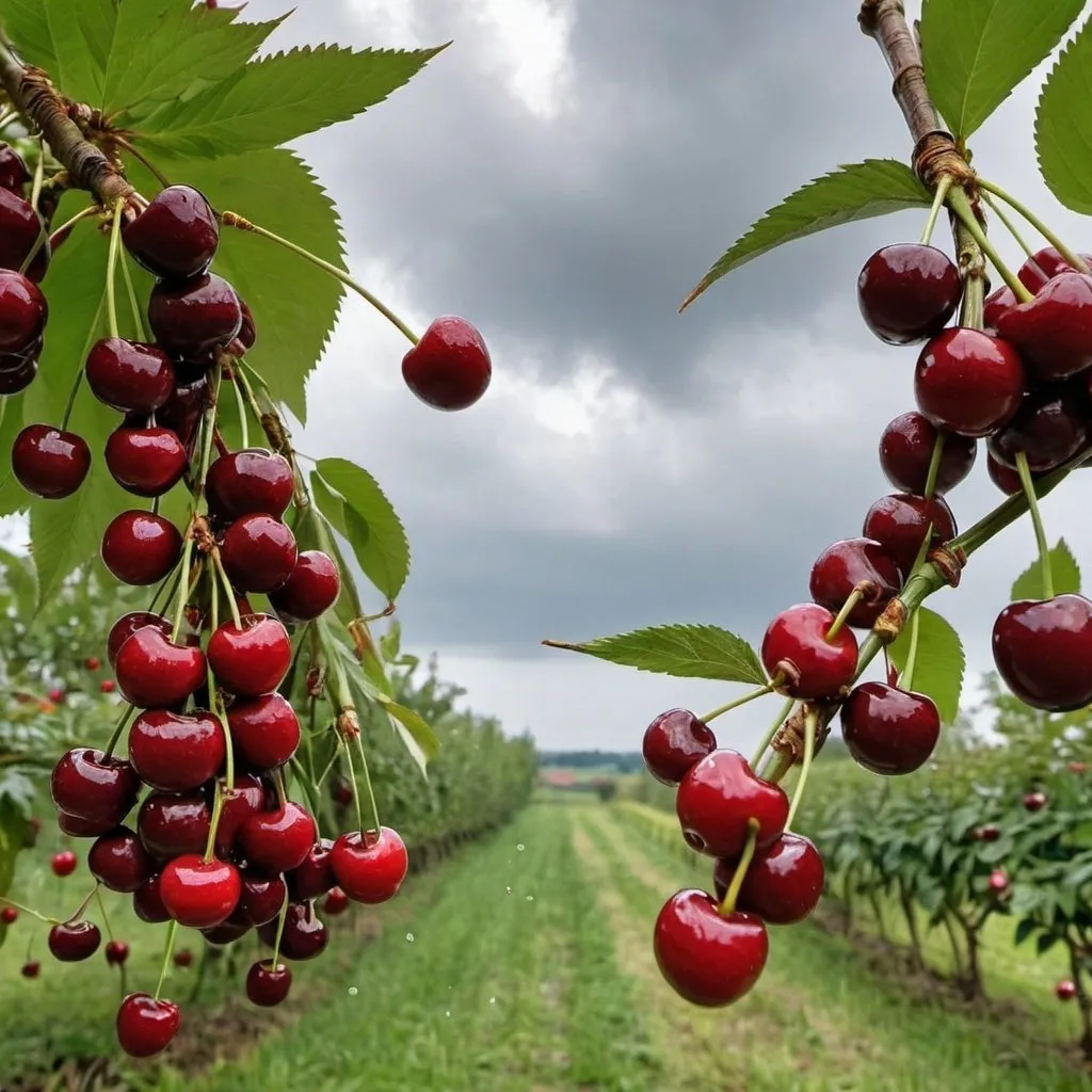 Prompt: cherries and straw beries raining here and there  from sky cloudy sunlight.