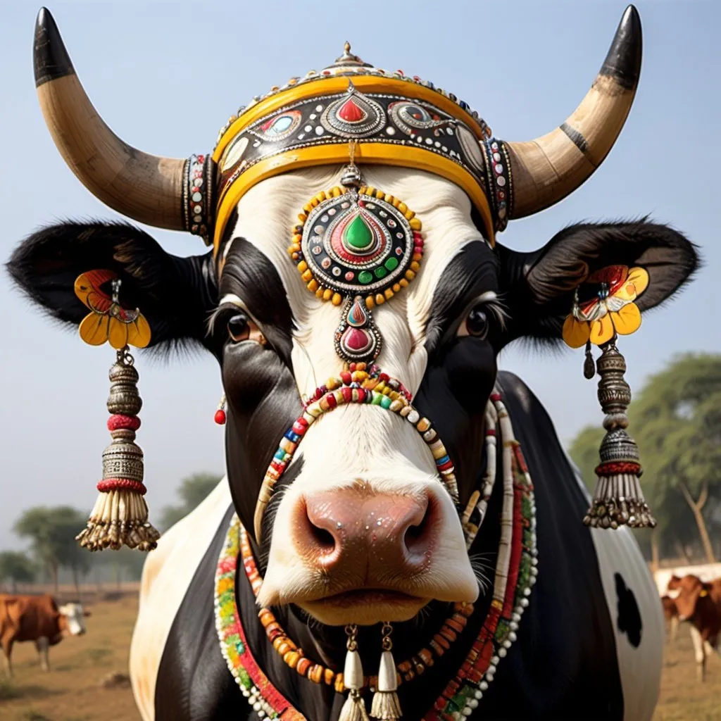 Prompt: cow , horn adorned with jwellery,indian cow dressed,painted