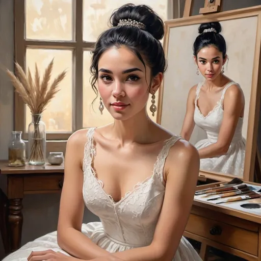 Prompt: woman painting, white lace frock, black hair in a bun, long glass earrings, light skin, detailed facial features, oil painting, high quality, realistic, warm lighting, elegant, graceful, long dress, classic style, detailed brush strokes, art studio setting