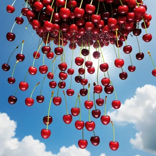 Prompt: cherries and strawbeeries raining  from sky cloudy sunlight.