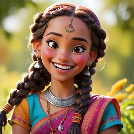Prompt: Disney style farm girl with braids and a happy smile, vibrant colors, sunny, has bindhi dressed in indian dress wears bangles.