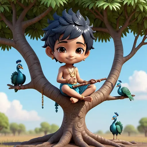 Prompt: kawaii 3D rendered, tiny cute chibi, full body, 1blue skin coloured boy,black hair,having Bindi in forehead, sitting on tree, wearing dhoti,smiling face,holds flute in hand,peacocks standing, beautiful whimsical contrast colors