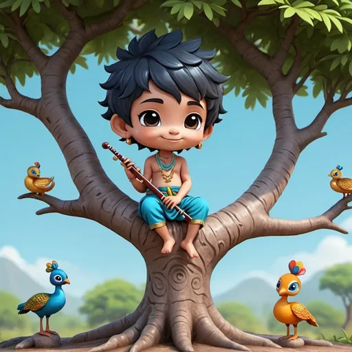 Prompt: kawaii 3D rendered, tiny cute chibi, full body, 1blue skin coloured boy,black hair,having Bindi in forehead, sitting on tree, wearing dhoti,smiling face,holds flute in hand,peacocks standing, beautiful whimsical contrast colors