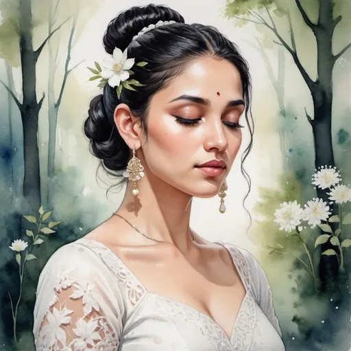 Prompt: a woman painting visible upto shoulders.she is wearing a white lace frock sleeves.she has black hair and wears a hairbun.she wears a long glass earings.she is light skin in colour.her eyes looks closed with sparkling eyeshadow.background is a watercolour forest with white flowers.she has bindhi.