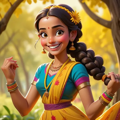Prompt: Disney style farm girl with single braid and a happy smile, vibrant colors, sunny, has yellow u shaped bindhi in indian dress wears bangles dancing trees in the background.harekrishna devotees.