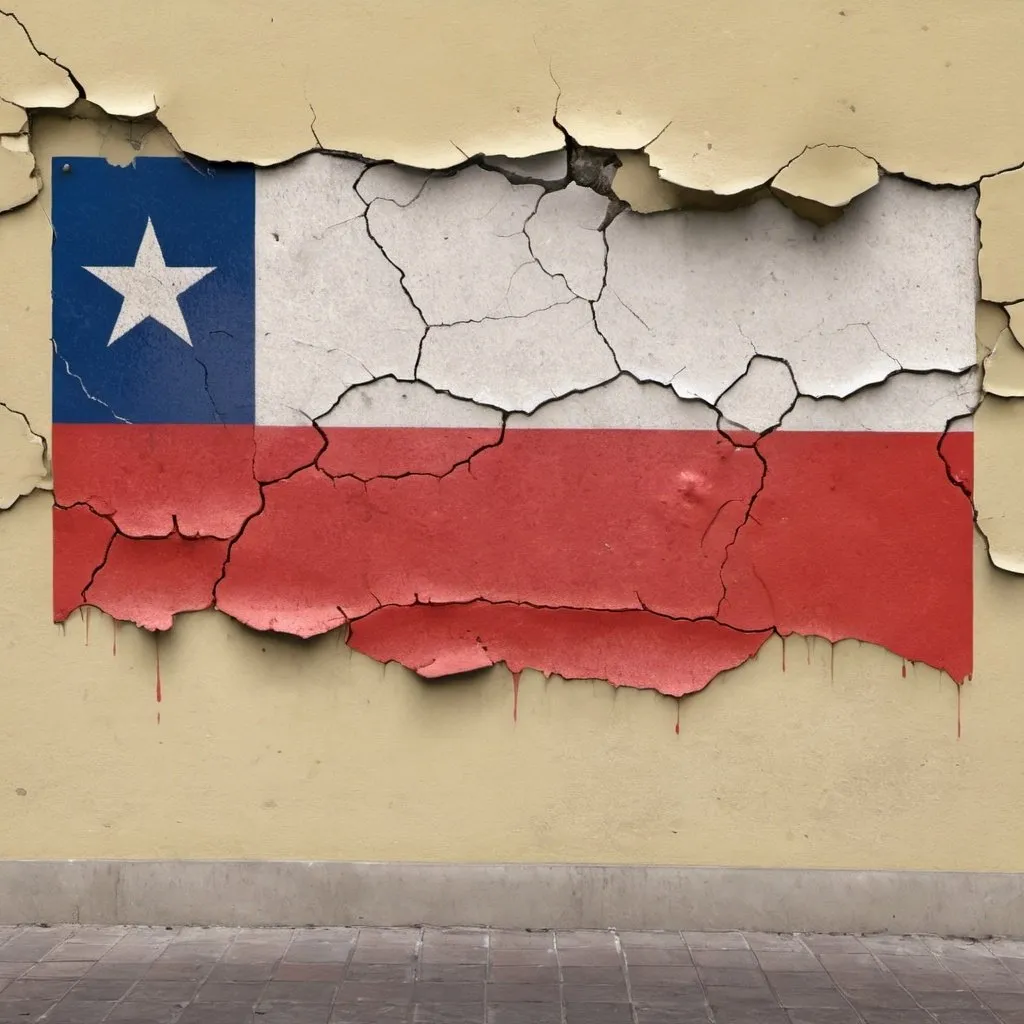 Prompt: A cracked and dirty Chilean flag painted on a wall. Show 90% of the flag. 