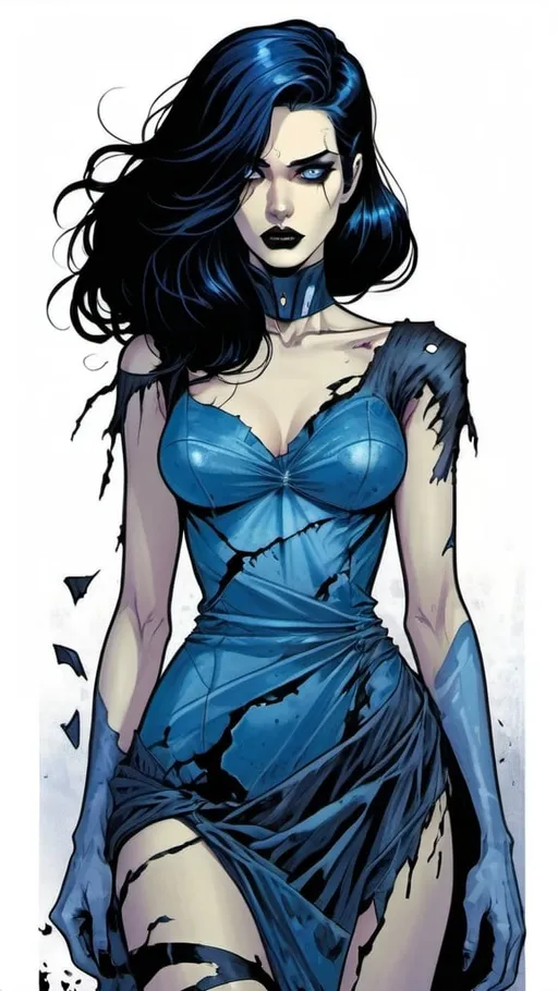 Prompt: Woman android, damaged, torn blue party dress, black hair with metallic blue highlights, glowing blue irises, rural wasteland, detailed, dark colors, dramatic, graphic novel illustration,  2d shaded retro comic book