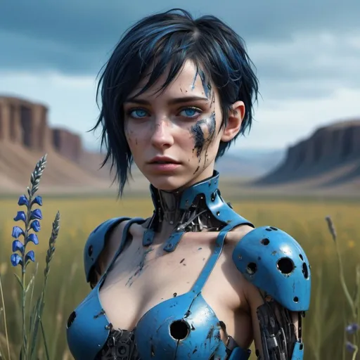Prompt: A mesmerizing 4K hyper-realistic and ultra-detailed 3D render of a damaged female android standing in a desolate rural, post-apocalyptic landscape. Overgrown grass and wildflowers surround her. Her eyes, with electric blue irises, emit an eerie glow of curiosity and hope. The android's jet-black, wavy short hair with metallic blue highlights is disheveled, and she wears a tattered blue party dress. Her synthetic skin is worn and exposed, revealing delicate wiring beneath. This captivating visual masterpiece, with its dark fantasy and cinematic elements, is taking the ArtStation by storm and would be perfect for a striking poster in a cyberpunk or dystopian genre., poster, dark fantasy, cinematic, 3d render