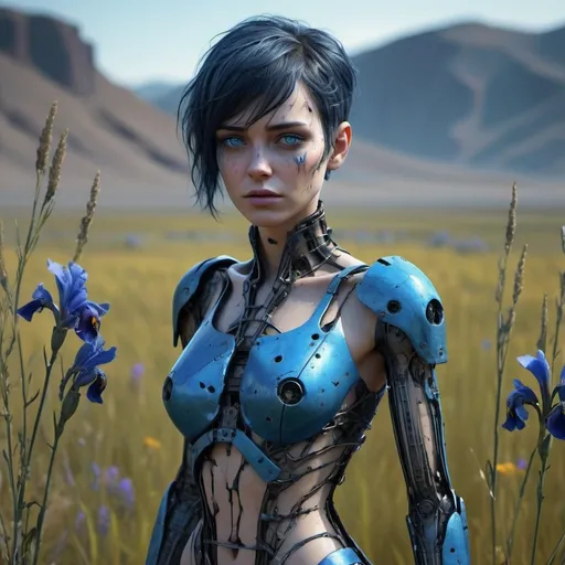 Prompt: A mesmerizing 4K hyper-realistic and ultra-detailed 3D render of a damaged female android standing in a desolate rural, post-apocalyptic landscape. Overgrown grass and wildflowers surround her. Her eyes, with electric blue irises, emit an eerie glow of curiosity and hope. The android's jet-black, wavy short hair with metallic blue highlights is disheveled, and she wears a (tattered blue party dress). Her synthetic skin is worn and exposed, revealing delicate wiring beneath. This captivating visual masterpiece, with its dark fantasy and cinematic elements, is taking the ArtStation by storm and would be perfect for a striking poster in a cyberpunk or dystopian genre., poster, dark fantasy, cinematic, 3d render