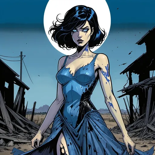 Prompt: Woman android, damaged, torn blue party dress, black hair with metallic blue highlights, glowing blue irises, rural wasteland, detailed, dark colors, dramatic, graphic novel illustration,  2d shaded retro comic book