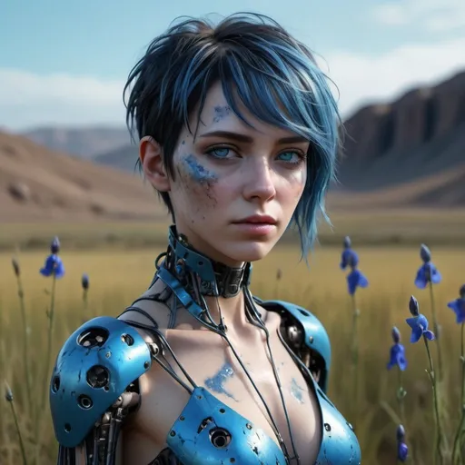 Prompt: A mesmerizing 4K hyper-realistic and ultra-detailed 3D render of a damaged female android standing in a desolate rural, post-apocalyptic landscape. Overgrown grass and wildflowers surround her. Her eyes, with electric blue irises, emit an eerie glow of curiosity and hope. The android's jet-black, wavy short hair with metallic blue highlights is disheveled, and she wears a tattered blue party dress. Her synthetic skin is worn and exposed, revealing delicate wiring beneath. This captivating visual masterpiece, with its dark fantasy and cinematic elements, is taking the ArtStation by storm and would be perfect for a striking poster in a cyberpunk or dystopian genre., poster, dark fantasy, cinematic, 3d render