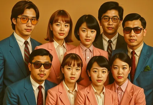 Prompt: In a striking display of coordinated style, a group of ten individuals stands together, exuding a retro charm reminiscent of the 1970s. They are arranged in two rows, with the back row composed of four men dressed in light blue and darker suits, while the front row features six women clad in soft pink blazers, all complemented by a variety of tailored shirts and ties. Each person sports oversized sunglasses, adding an element of intrigue and glamor, while their expressions vary from expressionless to subtly confident. The backdrop, a warm beige hue, enhances the overall vibrant color palette, contributing to the nostalgic atmosphere of the image. The composition reflects an intentional unity in their fashion choices, suggesting a theme of collaboration or camaraderie, encapsulating a moment that feels both personal and stylized.