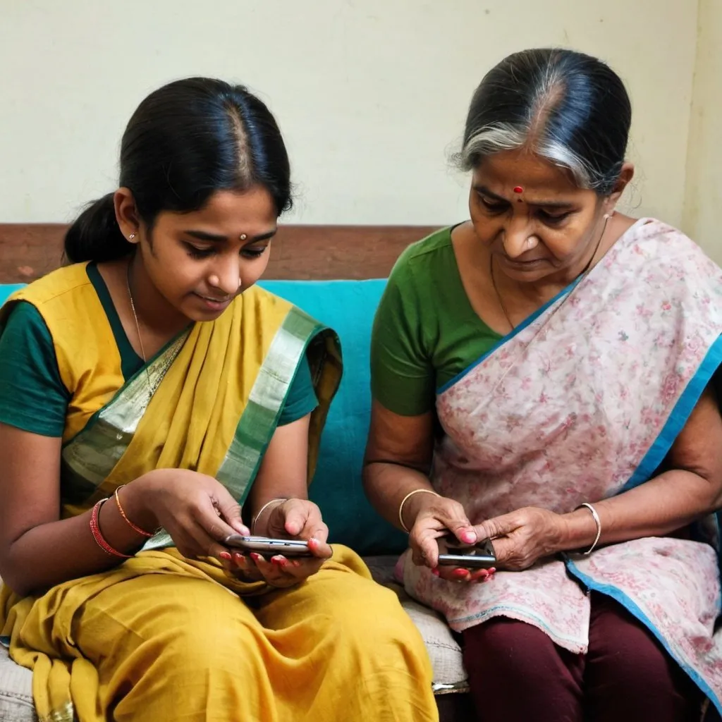 Prompt: An Indian bengali teenage girl teaching her old mother how to use a mobile.They are sitting on sofa