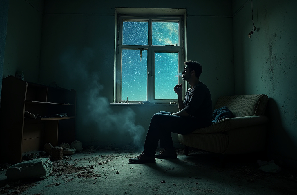 Prompt: A dimly lit, chaotic room with scattered belongings and mismatched furniture, giving a sense of neglect and disorder. On the right side of the room, a 28-year-old man sits on an old chair with a worn-out cushion, positioned on a stained, tattered carpet. He is smoking a cigarette, his posture relaxed yet reflective, as faint smoke curls around him. Through a cracked window in front of him, the starry night sky appears, painted in the iconic style of Van Gogh. The juxtaposition between the disarray inside the room and the serene beauty of the night sky outside creates a melancholic, contemplative atmosphere. The soft glow from the cigarette and the shimmering light of the starry night subtly illuminate the scene this image frame ratio 1:1