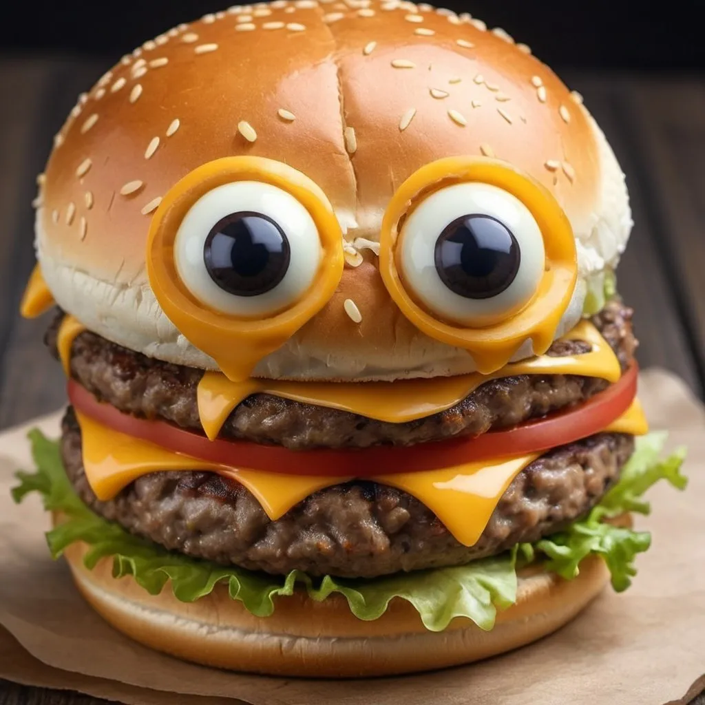 Prompt: A cheese burger with cartoon eyes