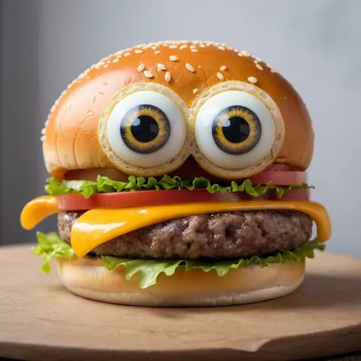 Prompt: A cheese burger with eyes