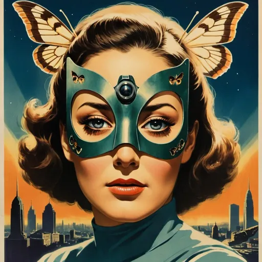 Prompt: Movie poster of a vintage Sci-fi film about a beautiful woman who has a moth mask attached to her face destroying a city.