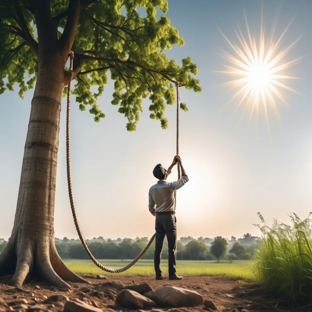 Prompt: create a rope note hunging from atree with a man standing beside it looking at it and the nature while the sun is seting

