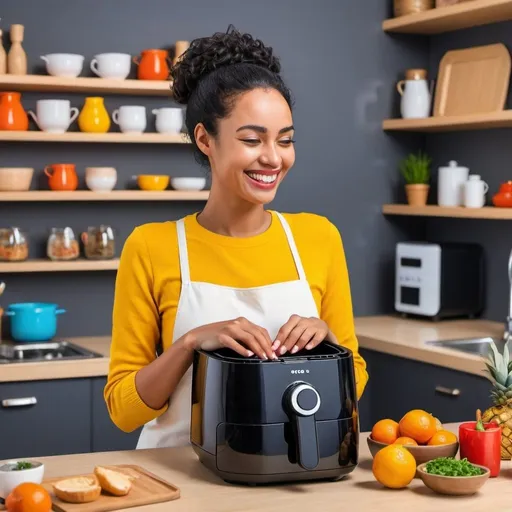 Prompt: Smiling woman browsing and purchasing kitchen  appliances (air fryer ) on online shop, variety of household items displayed, vibrant and modern e-commerce advertisement in Addis Ababa, high quality, detailed illustration, contemporary art style, bright and welcoming atmosphere, diverse products, convenient shopping experience, happy customer, cheerful and inviting, online shopping, household items, vibrant advertisement, Addis Ababa, modern, detailed illustration, e-commerce, contemporary art style, high quality, diverse products, bright atmosphere, convenient shopping, happy customer, cheerful