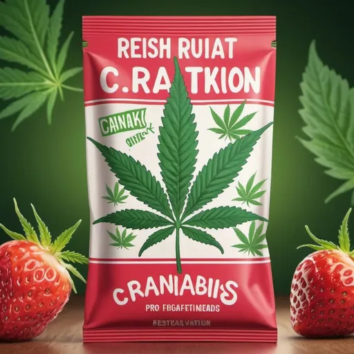 Prompt: Realism style illustration of a drink packet mix with a fun cannabis leaf person design and fruit on package, strawverry flavored, realistic details, high-quality, realistic, detailed texture, natural colors, warm lighting,  cannabis leaf, bold & colorful typography, fresh fruit elements, fruit in background, cannabis leaves, professional, realistic shading, drink packet, fun design, vibrant colors, natural lighting, label says "highdration", also says "cannabis."