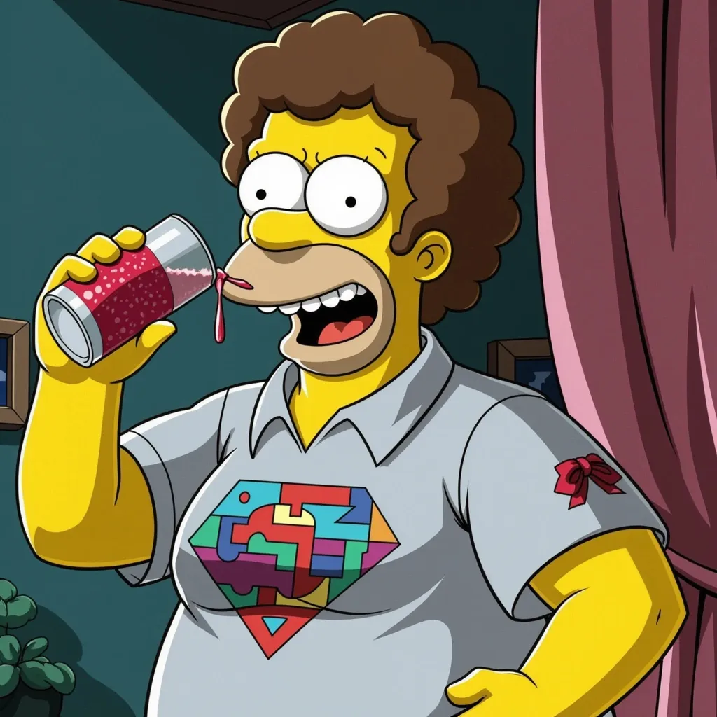Prompt: disco stu from the simpsons have put on a few pounds and a bad drinking habit