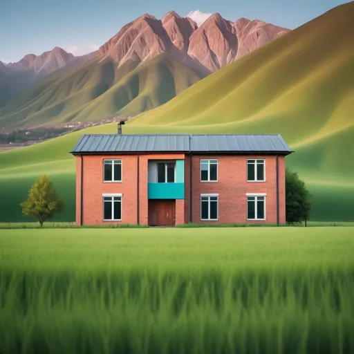 Prompt: A colorful brick house built in a green field and there are small mountains behind the house