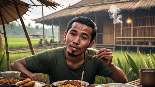 Prompt: a indonesian muslim man 25 is sitting in front of a bamboo house, in front of him there are fried foods and coffee, the man is seen smoking, beautiful rice fields in the night atmosphere in the countryside, 8K realistic