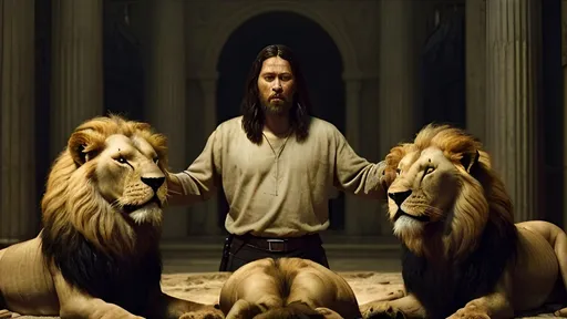 Prompt: Cinematic portrait of the biblical passage Daniel 6:22 - My God sent his angel, and he shut the mouths of the lions. They have not hurt me, because I was found innocent in his sight. Nor have I ever done any wrong before you, Your Majesty."