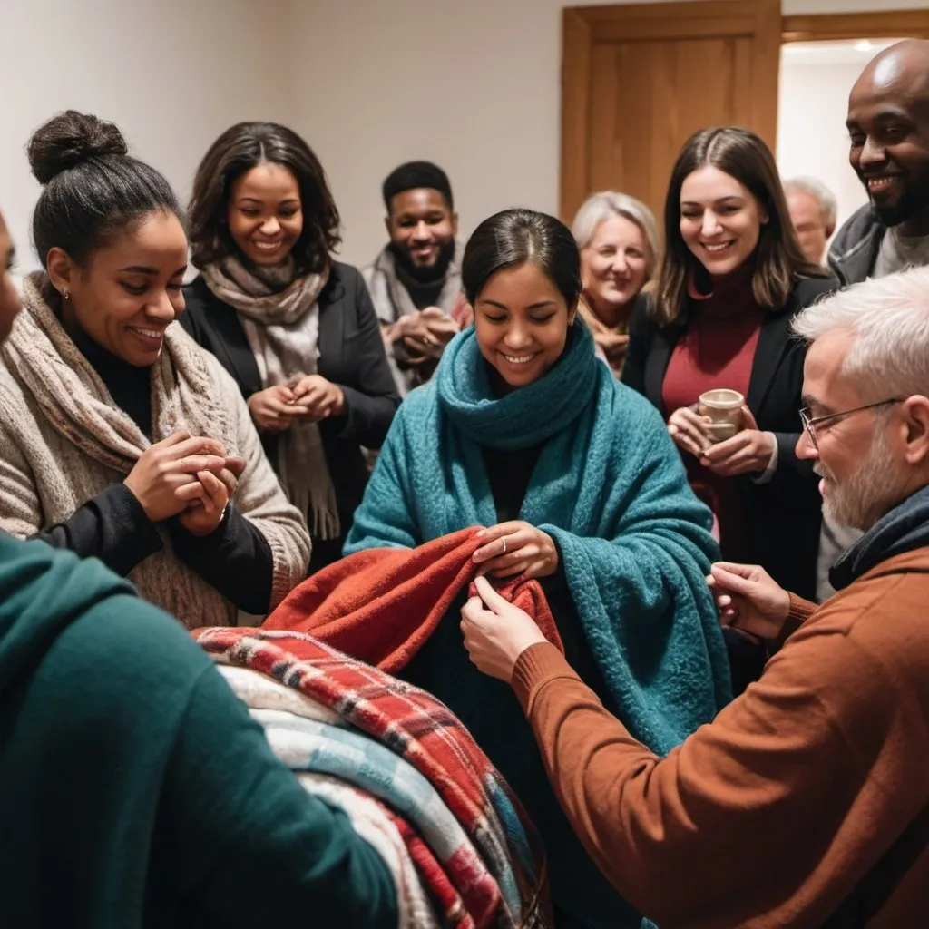 Prompt: A cozy gathering with a focus on (((winter warmth))), featuring a diverse group of people engaged in a (((charitable activity))) where they are distributing ((blankets)) to those in need, with an ethnically diverse mix of individuals representing different races