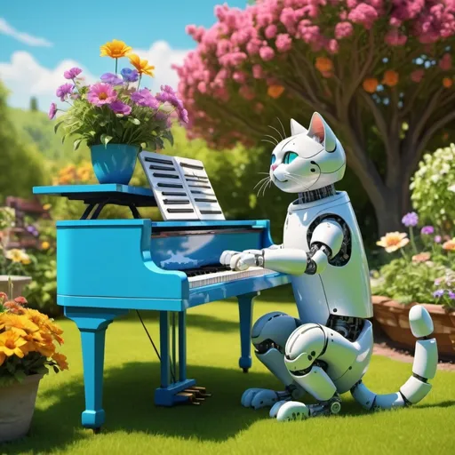 Prompt: Cat from coding tool Scratch playing a piano, robot playing a cello, vibrant colors, cheerful atmosphere, warm lighting, lush green garden in the background with colorful flowers, sunny day, ultra-detailed, immersive, whimsical, photorealistic, high contrast, HD, intricate details on both cat and robot, cat with animated, joyful expression, robot with focused, content expression, bright blue sky, attention to realistic shadows and highlights, intricate garden scenery, 4K.