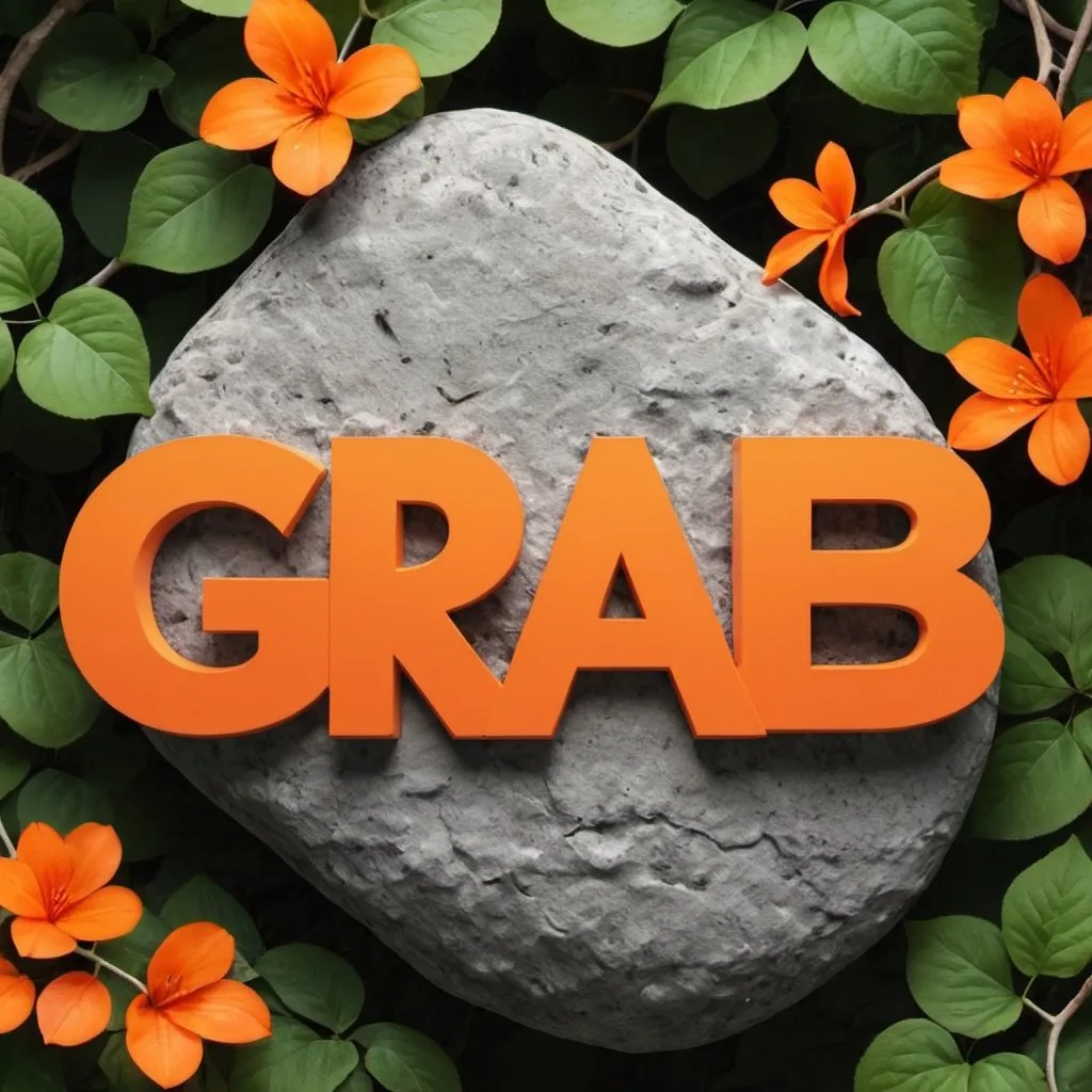 Prompt: [Image description: A word that says "Grab" With very bold text that is colored orange, with vines around the text, Have a rock as the background with vines all over it too.