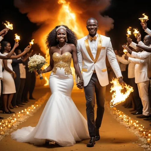 Prompt: a beatiful african man with his bride walking on gold and diamond blazing with fire