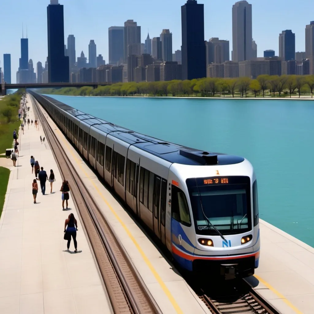 Prompt: replace North Dusable Lake Shore Drive with a light rail train