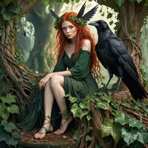 Prompt: A red haired fairy sits surrounded with twisted tree roots that are covered in ivy and vines. She is dressed in a dark green ragged dress with bare feet. Her wings are iridescent and her pointed ears peek through her hair. A crow is sitting on her knee