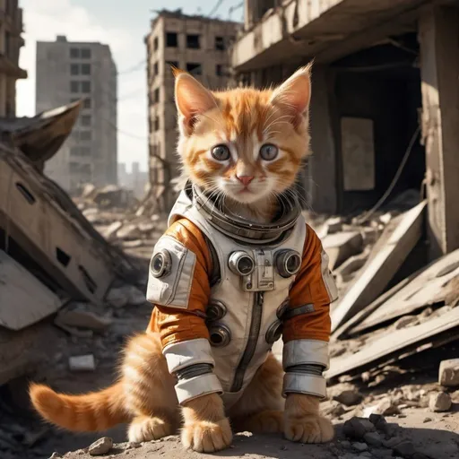 Prompt: Orange kitten in spacesuit, post-apocalyptic setting, broken down buildings, futuristic atmosphere, detailed fur, intense and curious gaze, spacesuit materials, high quality, detailed, post-apocalyptic, futuristic, orange tones, atmospheric lighting aeriel view panoramic 